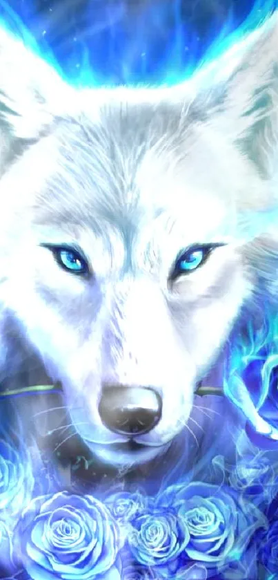 Mystical white wolf with blue roses wallpaper.