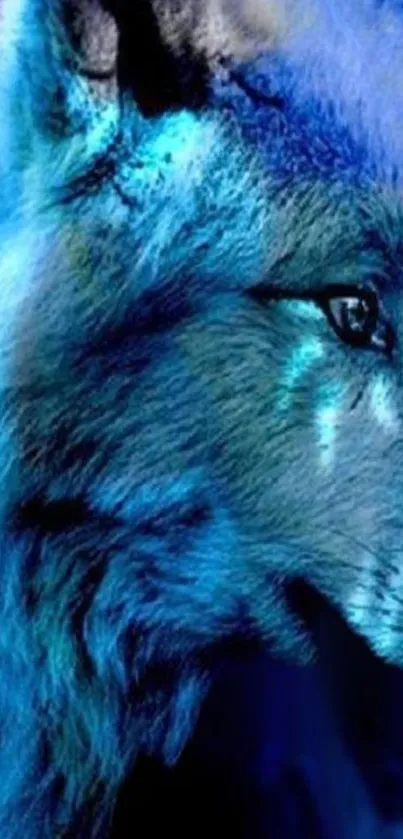 Vibrant blue digital artwork of a majestic wolf profile.