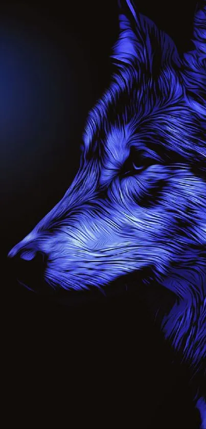 Vibrant blue wolf artwork on a dark background.