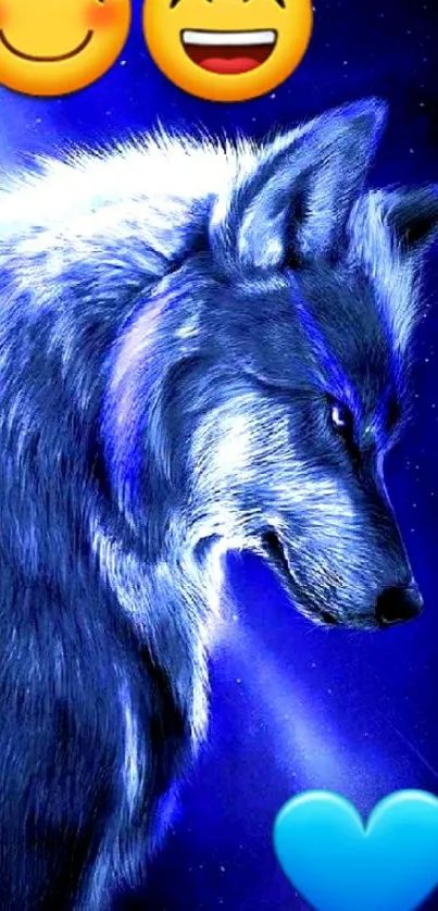 Majestic blue wolf with emojis against a starry backdrop.