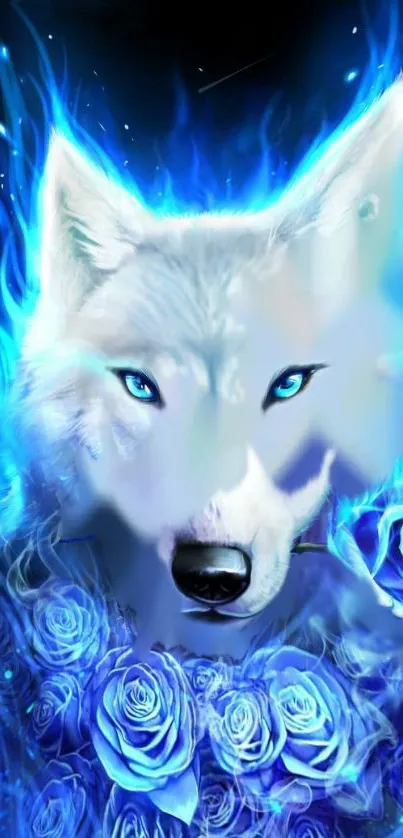 Mystical blue wolf with vibrant roses and flames.