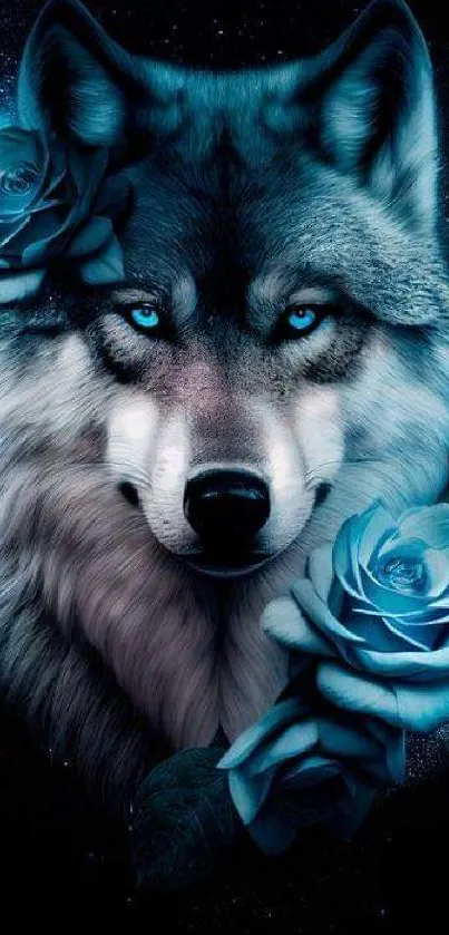 Wallpaper of a wolf with blue roses against a dark background.