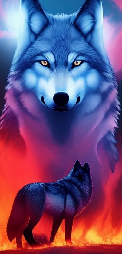 Majestic blue wolf surrounded by fiery flames.