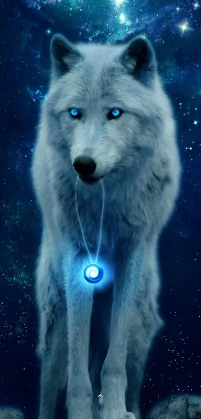 Blue wolf with glowing eyes and necklace in a starry night background wallpaper.