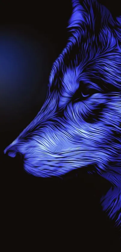 Mystical blue wolf artwork on dark background.