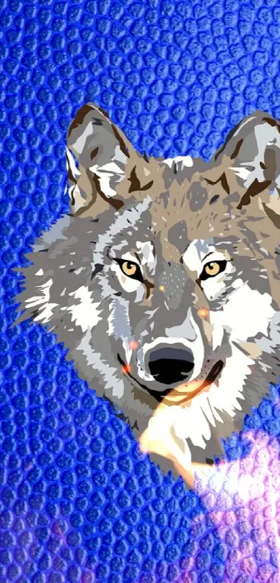 Wolf illustration on blue textured background, mobile wallpaper.