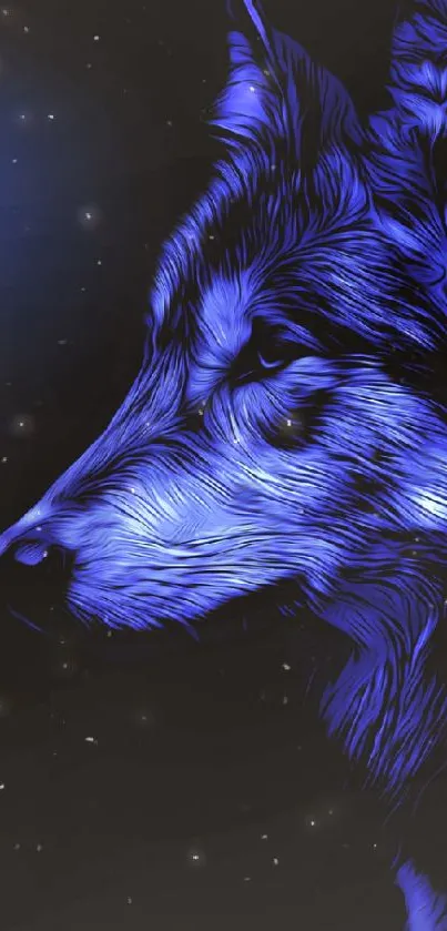 Artistic blue wolf illuminated by moonlight on a dark background.