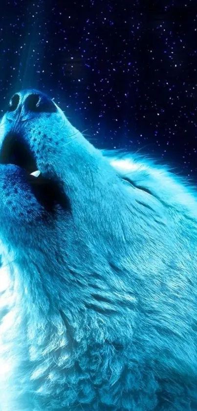 Blue wolf howling at night under a starry sky, perfect for mobile wallpaper.