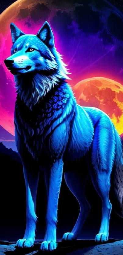 Blue wolf under a colorful cosmic moonlit sky.