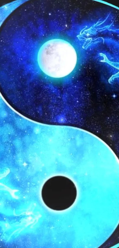 Blue yin yang with dragons and moon in cosmic theme.