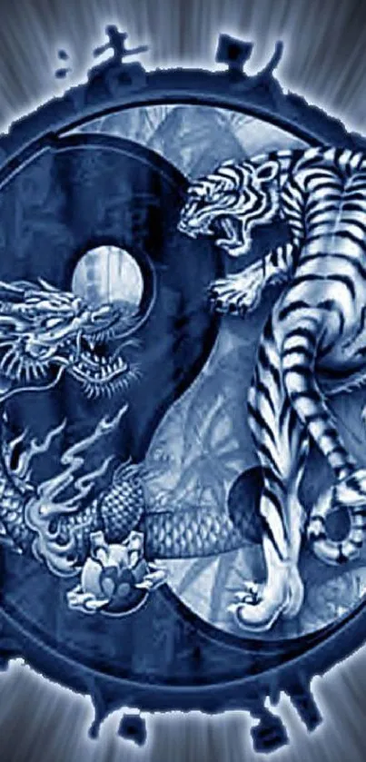 Blue Yin Yang wallpaper with dragon and tiger design.