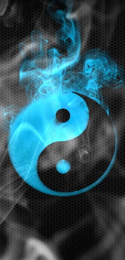 Blue Yin Yang symbol with smoke on dark background.