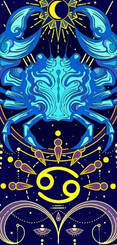 Illustration of a zodiac-themed blue crab with celestial elements.