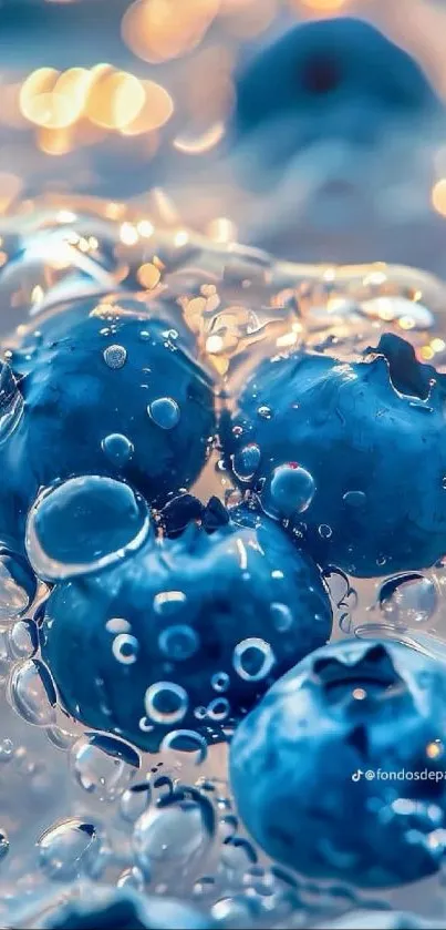 Vibrant blueberries in bubbly water on a mobile wallpaper.