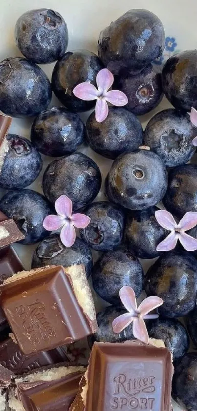 Wallpaper with blueberries, chocolate, and flowers.