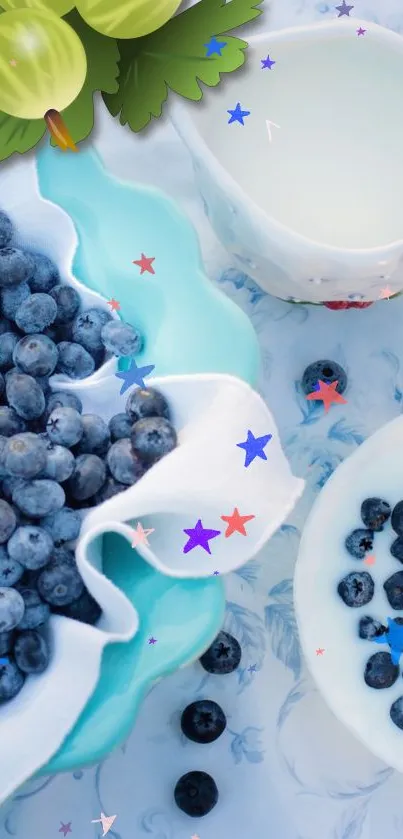 Blueberries in a dish with milk, vibrant mobile wallpaper.