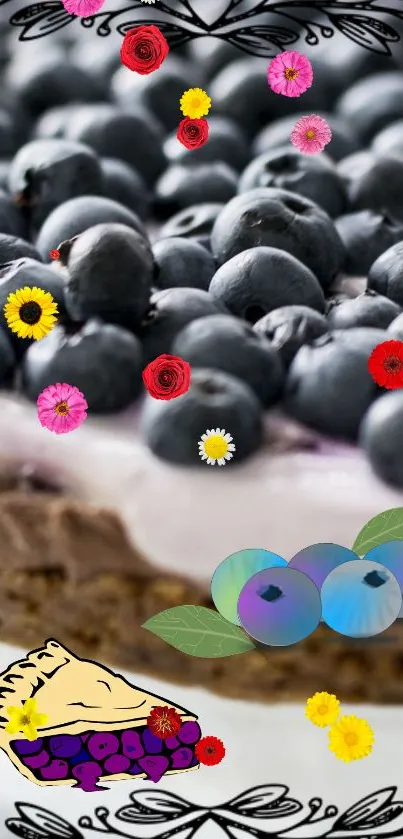 A vibrant blueberry dessert with floral accents on a phone wallpaper.