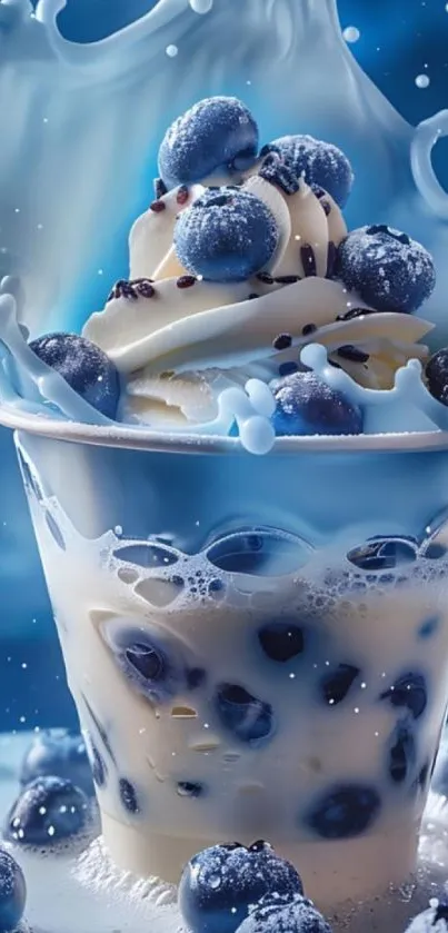 Blueberry dessert with cream and splash effect, ideal for mobile wallpaper.