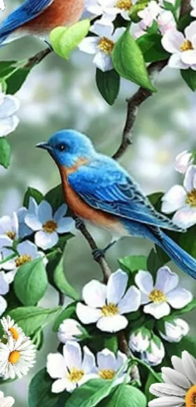 Bluebird perched among blooming flowers in vibrant wallpaper.