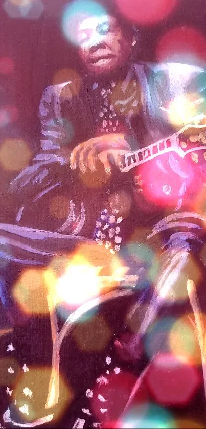 Vibrant painting of blues musician with guitar in purple tones.