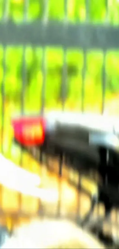 Blurred view of a motorcycle and fence, vibrant colors.