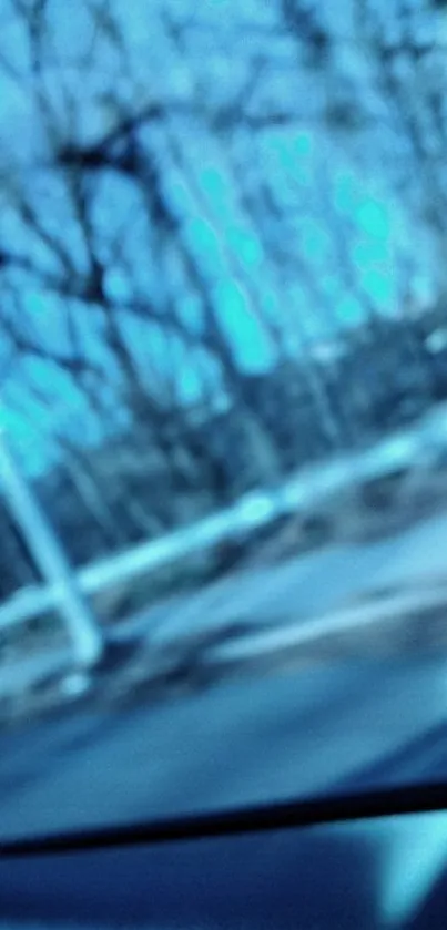 Blurred image of a roadside with trees and a streetlamp in blue tones.