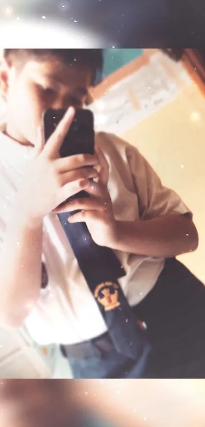 Stylish blurred selfie in school uniform, with an artistic and dreamy aesthetic.