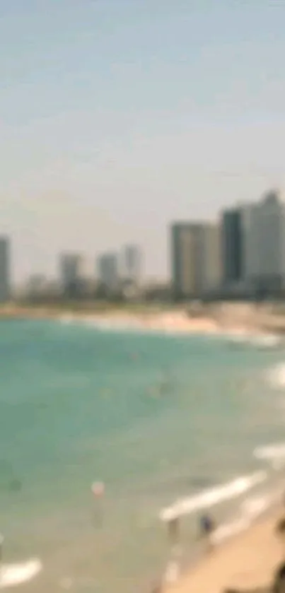 Blurry view of a city and beach.