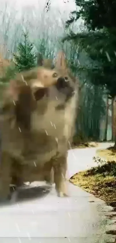 Blurry dog on scenic forest path with green trees and rain effect.