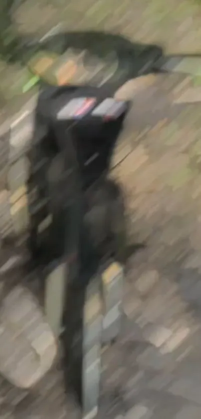 Blurry image of a motorcycle in motion on a forest path.