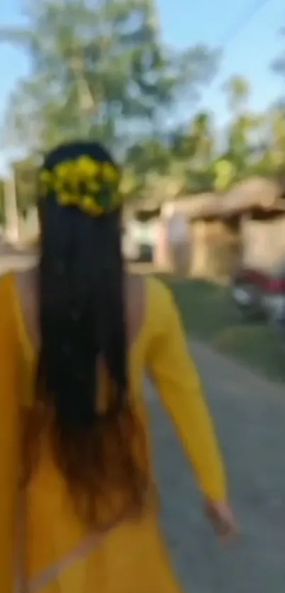 Blurry yellow dress stroll on a sunny day.