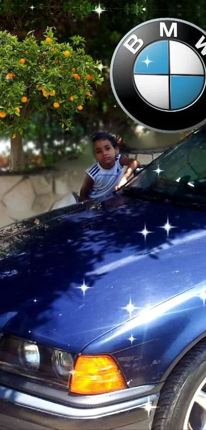 Car with fruit tree and BMW logo with shining blue hood.