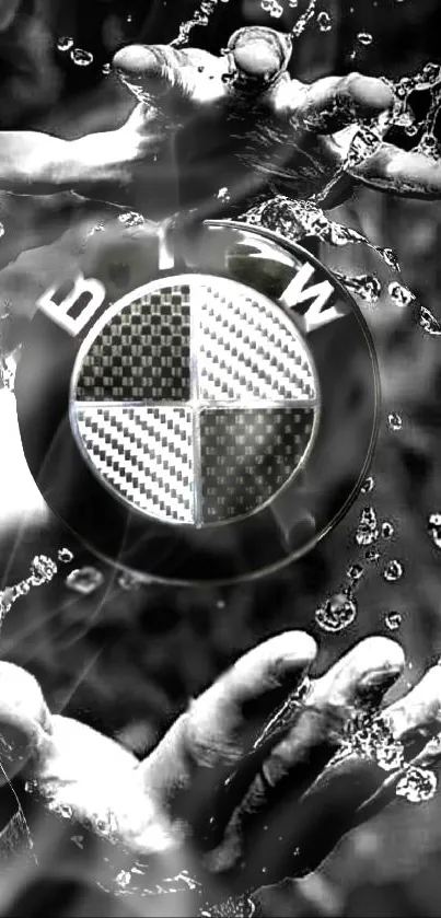 BMW logo with water splash and hands in monochrome design.