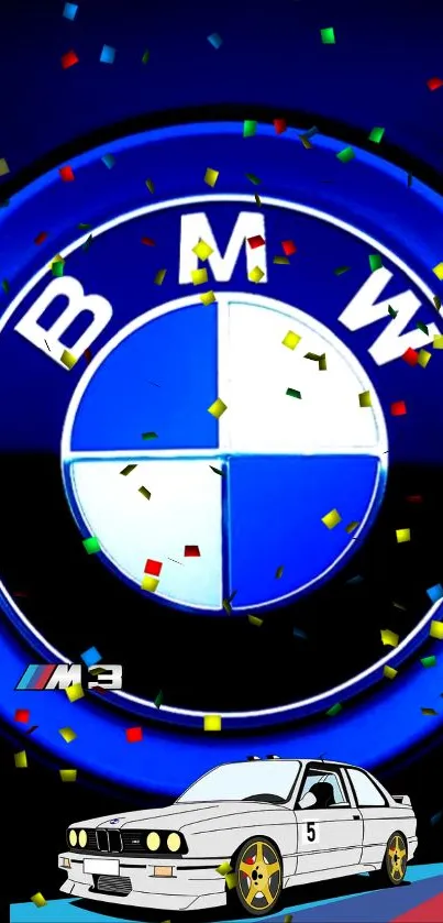 Vibrant BMW M3 wallpaper with blue logo and confetti design.