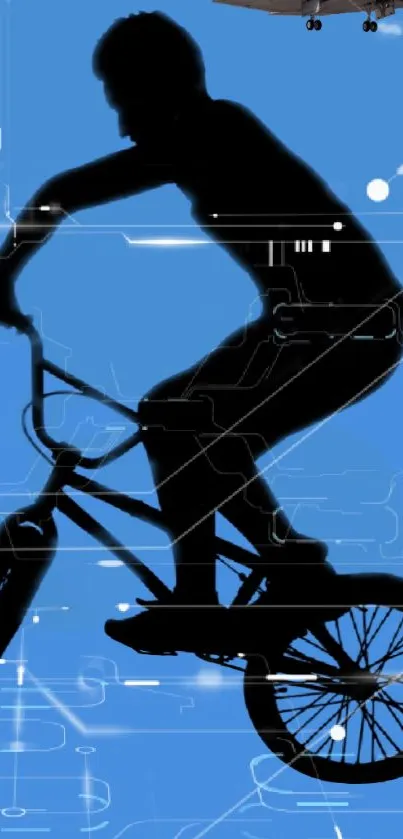 Silhouette of a BMX rider on a blue digital background with circuit patterns.