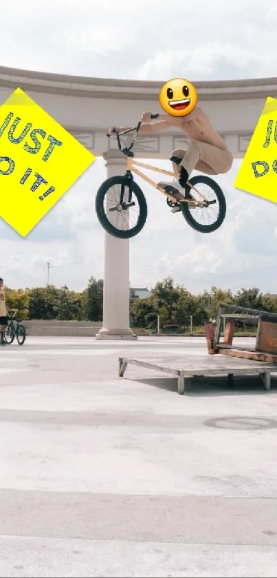 BMX stunt with a smiley face in a columned park setting under a vibrant sky.