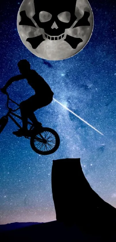 BMX silhouette jumps under starry sky and moon.