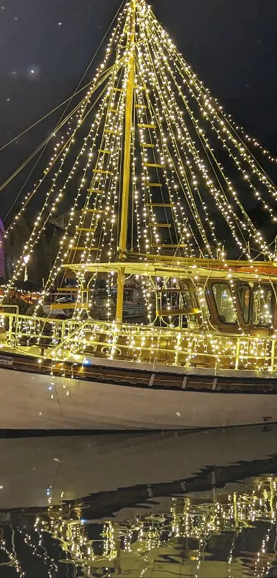 Boat adorned with festive lights reflected in water at night.
