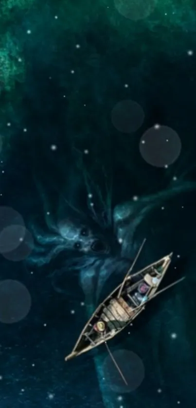 Wallpaper with a boat floating on dark, mysterious waters under a starry sky.