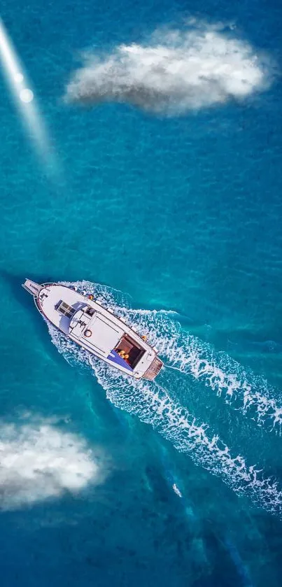 Boat sailing on azure waters with clouds and sunlight overhead.