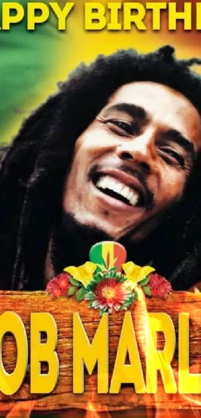 Bob Marley smiling with happy birthday text and reggae colors.