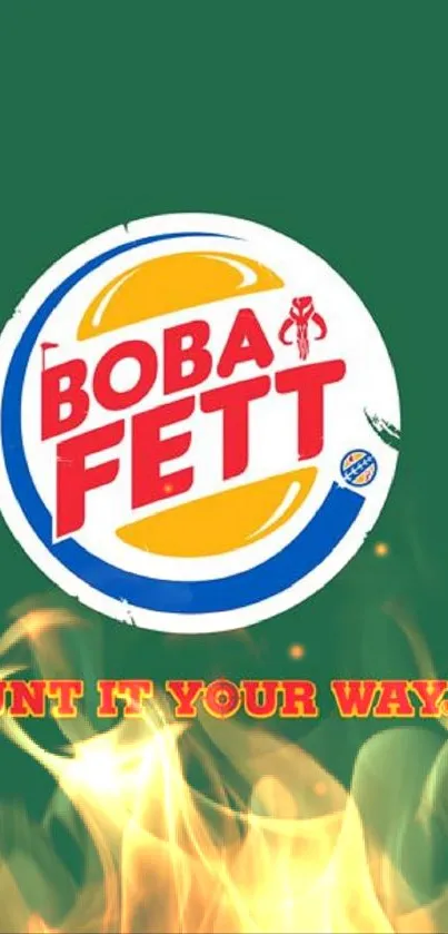 Boba Fett retro-style logo on green wallpaper with 'Hunt it your way' slogan.