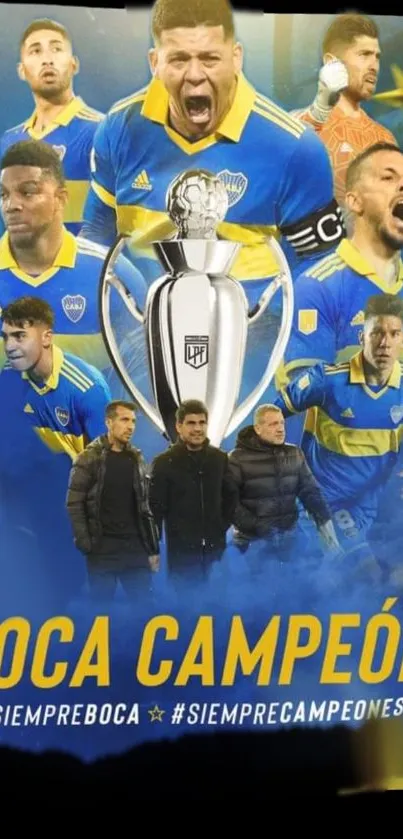 Boca Juniors celebrating victory with trophy and team members in blue and yellow.