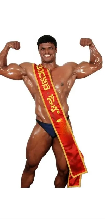 Bodybuilder flexing with a victory sash, showing strength and confidence.