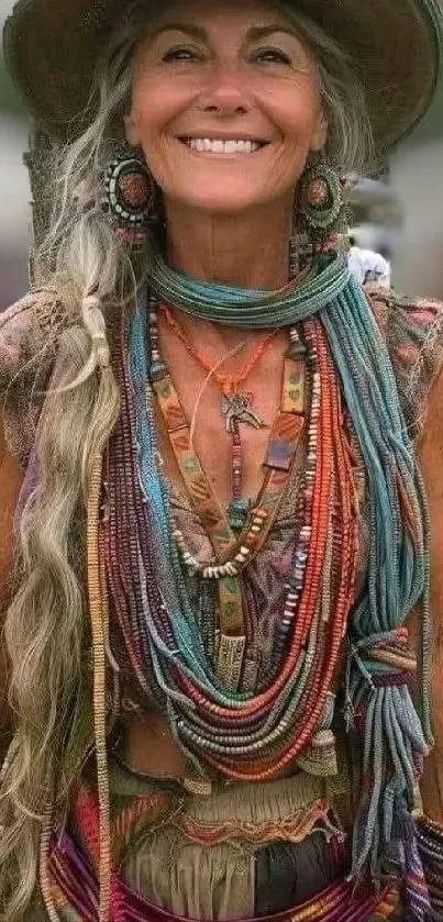 Bohemian woman in colorful accessories and ethnic style.