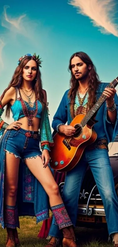 Bohemian couple with guitar and retro cars.