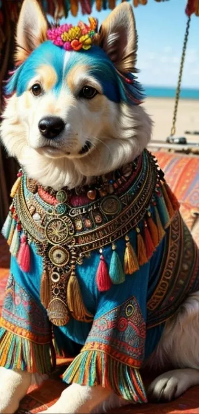 Bohemian dog in colorful gypsy attire seated outdoors.