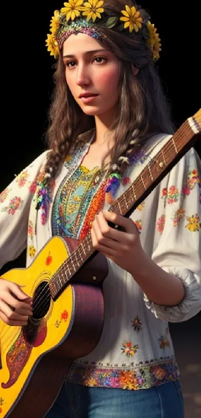 Bohemian girl playing guitar with floral dress and daisy crown