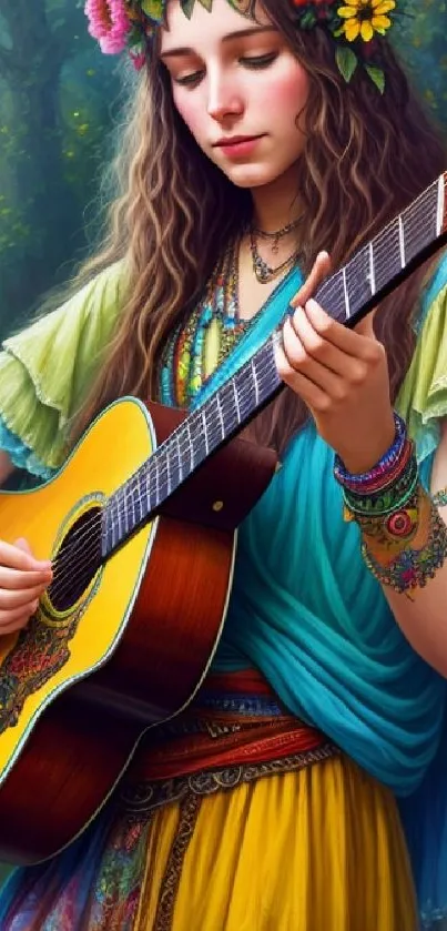 Bohemian girl playing guitar in a vibrant forest setting.