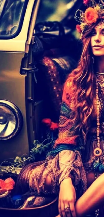 Stylish bohemian woman by vintage van with flowers.